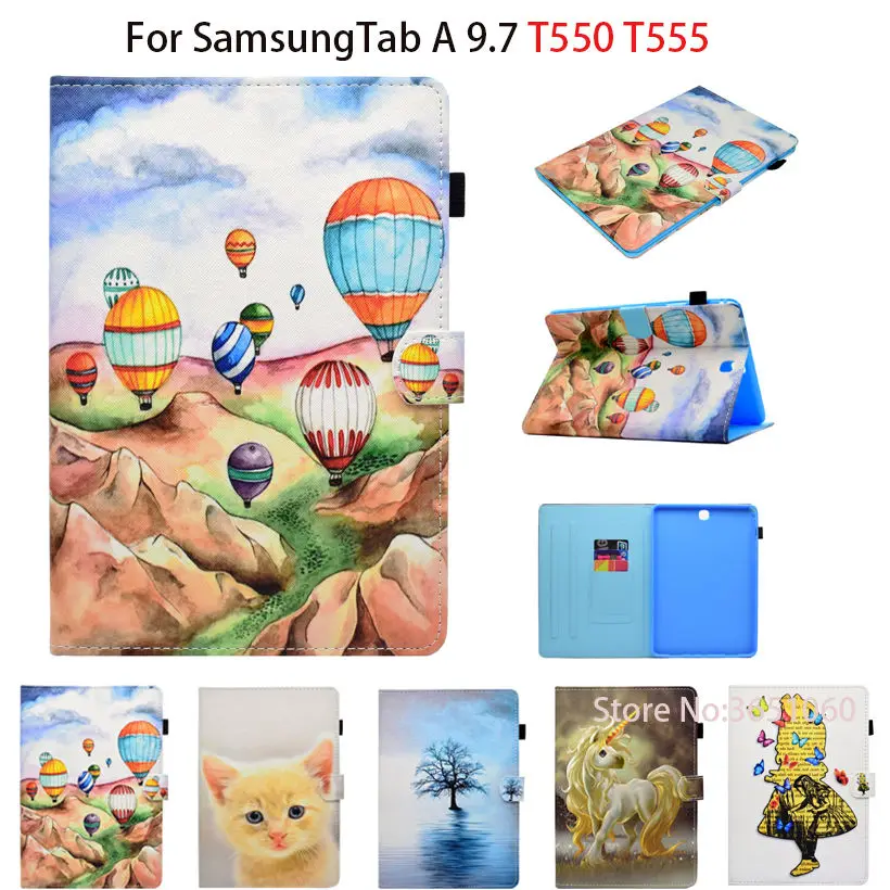 Case For Samsung Galaxy Tab A 9.7 SM-T555 T550 Smart Cover Funda Tablet Fashion Cartoon Cat Pattern PU Leather Stand Skin Shell