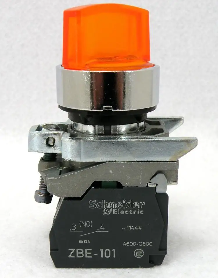 XB4BK125M5 = ZB4BW0M55 + ZB4BK1253 Illuminated selector switch, metal, orange, Ø22, 2 positions, stay put, 230...240 V AC, 1 NO