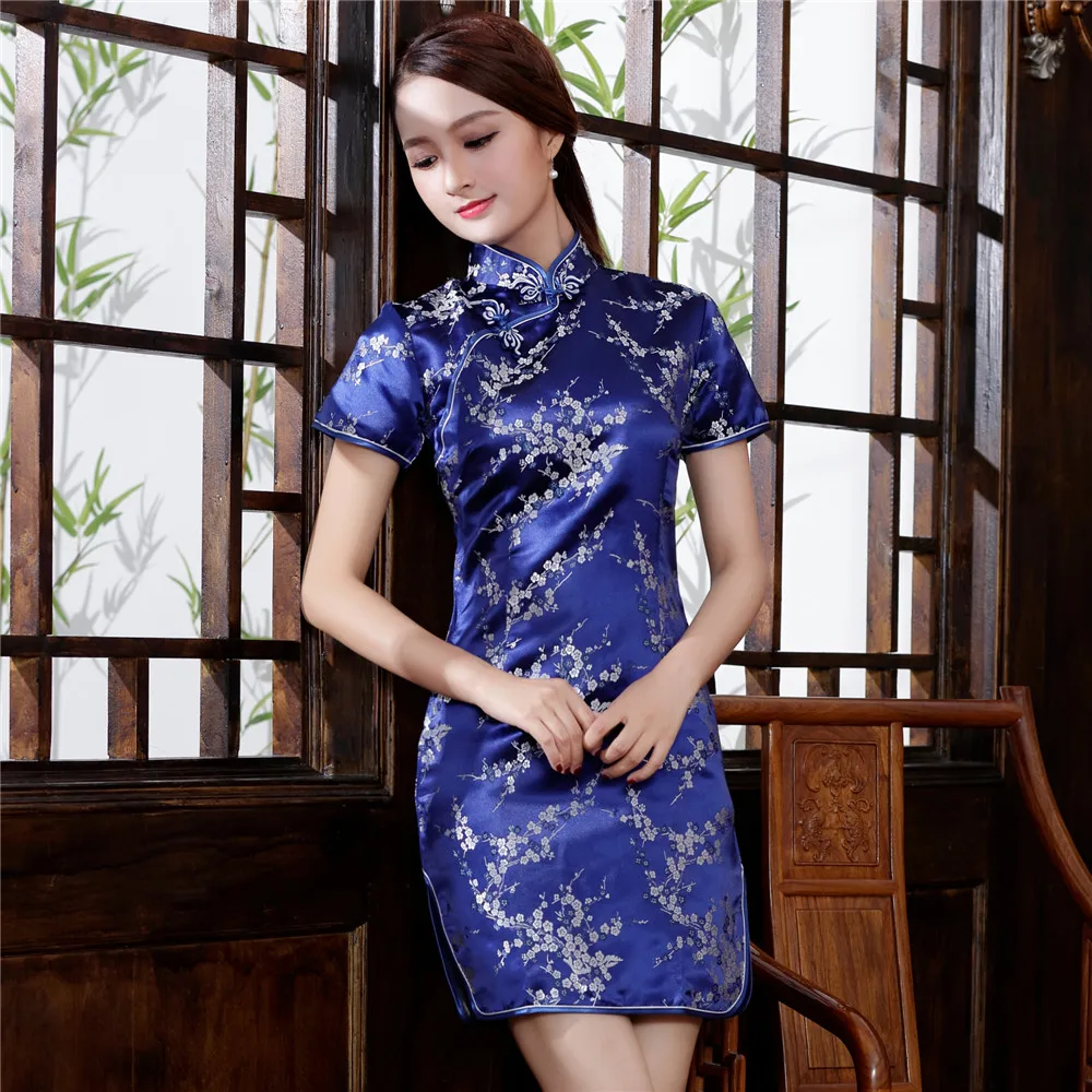 특대 파란색 새 꽃 미니 qipao 클래식 만다린 칼라 새틴 cheongsam 중국어 번체 여성 수제 단추 드레스