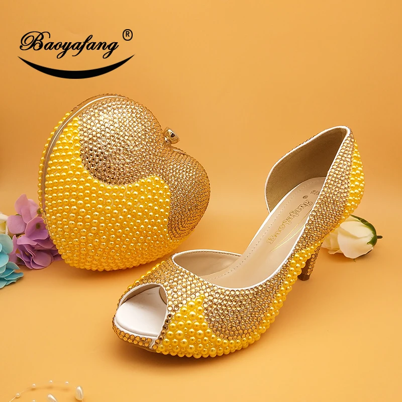 

BaoYaFang Golden rhinestone Women wedding shoes with matching bags woman Open Toe Platform shoes female Pumps Fish Toe Open Side