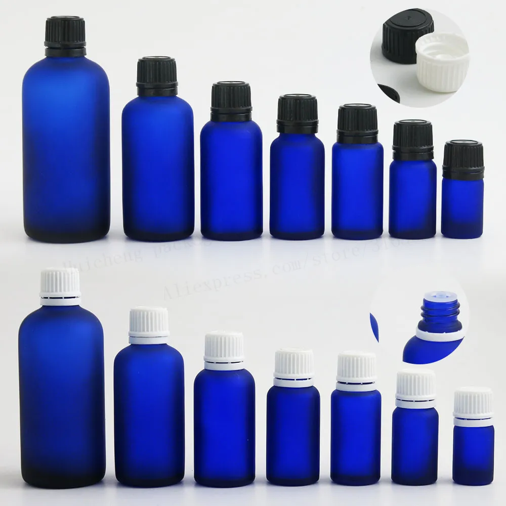 12 bottiglie di vetro blu gelo bottiglia vuota per oli essenziali con coperchio nero 5 ml 10 ml 15 ml 20 ml 1 oz 50 ml 100 ml