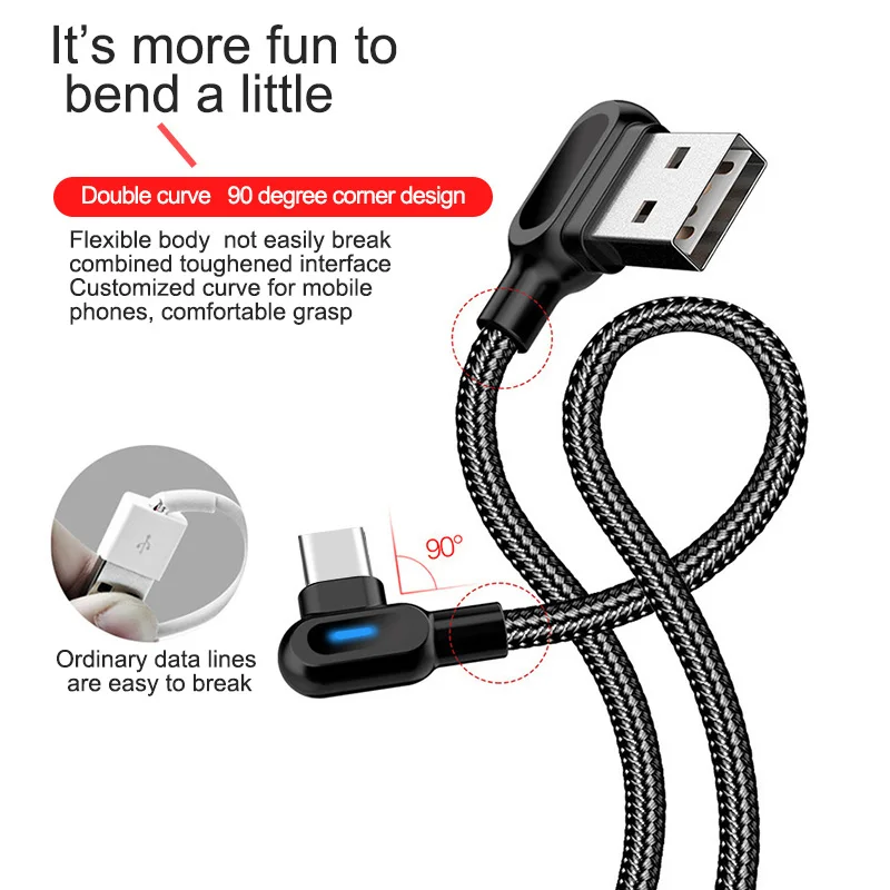 OLAF USB Type C Cable 1m 2m Fast Charge Data Cord 90 degree Type-C USB C Charging Cable For Xiaomi Redmi Huawei Samsung S10 S9
