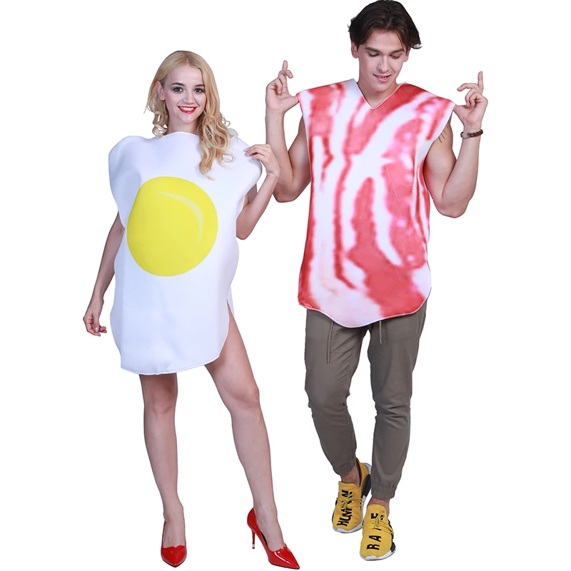 Reneecho Halloween Couple Costume Adult Bacon And Eggs Costumes Funny Breakfast Food Cosplay Outfit Carnival Party Dress Up