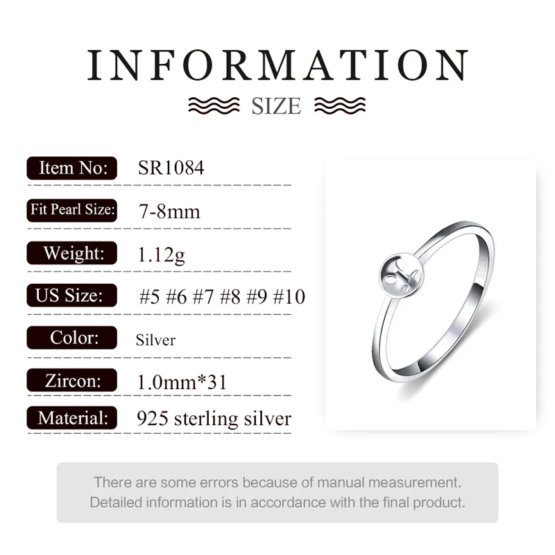 CLUCI 925 Sterling Silver Simple Pearl Ring Mounting for Women Engagement Silver 925 Round Women Rings SR1084SB