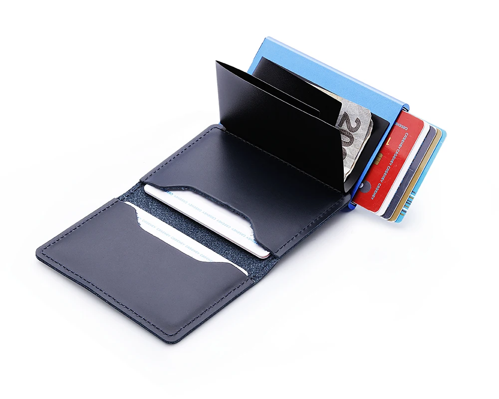 Luxury Genuine Leather Minimal Wallet for Credit Cards RFID Men Slim Metal Pop Up Card Holders