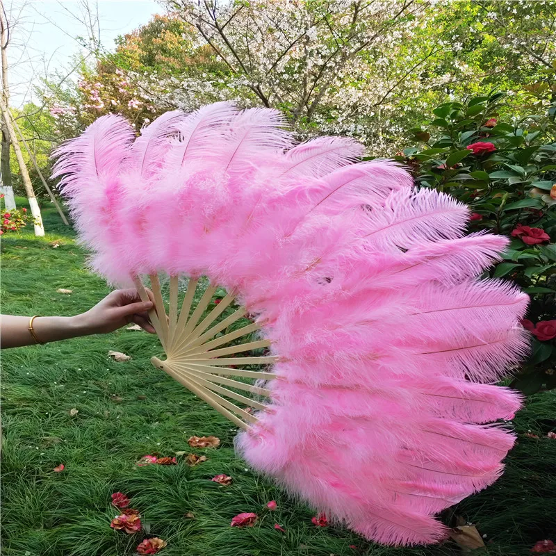 

Beautiful 15 bone Pink High Quality Ostrich Feather Fan Dance Stage Show Props Wedding Party Fluffy Feather Hand Fan Decoration