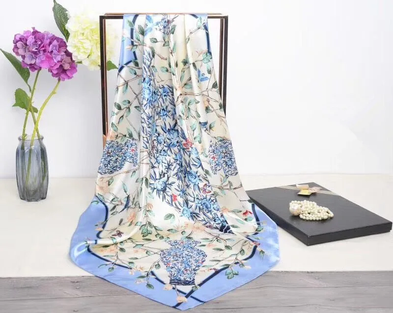 90*90cm  Luxury Brand Women Chinese Silk Floral  Scarfs Female European Style Square Scarves Spring Summer Shawls For Ladies