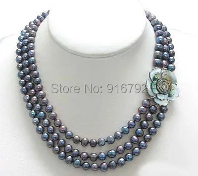 

YH@CS 3 Rows Genuine Black Pearl 18KWGP Shell Flower Clasp Necklace