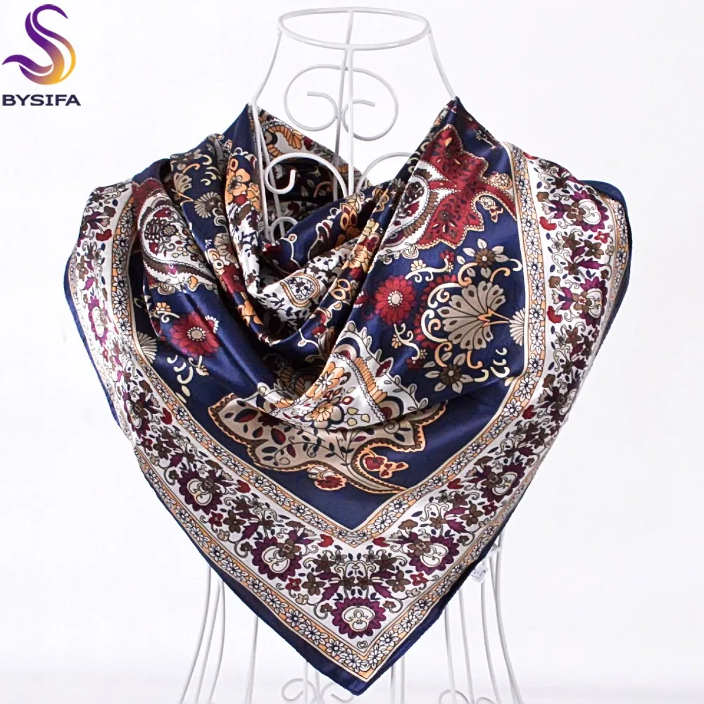 [BYSIFA] Winter Navy Blue Silk Muffler Imitated 2016 New Design Paisley Silk Scarves Wraps 90*90CM Ladies Brand Satin Scarf Cape