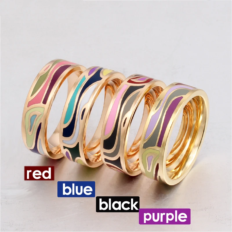 Fine Stainless Steel Rings 6mm Width Geometric Design Women Enamel Jewelry Retro Holiday Gift