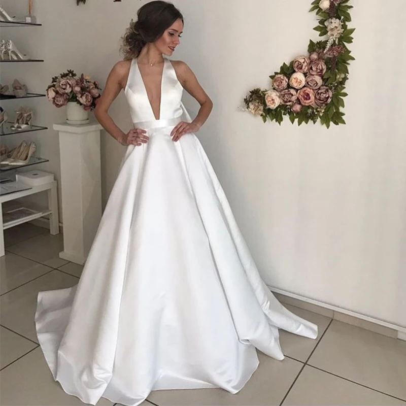 

Sexy Deep V-neck Wedding Dress Halter Neck White Ivory Satin Bridal Dress Backless Robe De Maria Detachable Bow Vestido De Noiva