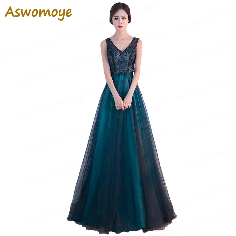 

Aswomoye Elegant Evening Dress Long 2018 New Appliques Sleeveless Green Beading Crystal Party Dress V-neck robe de soiree