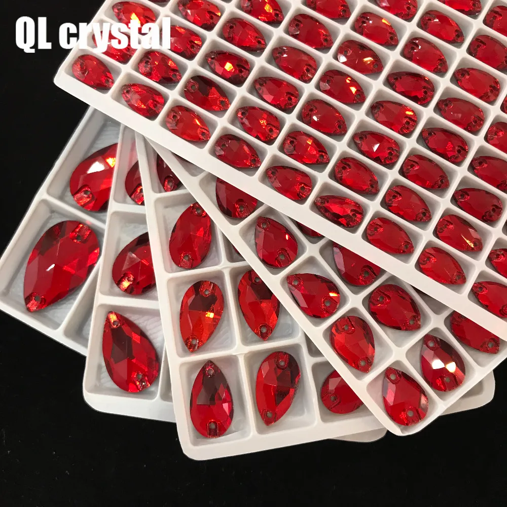 QL Crystal 2018 popular  Red Drops Sew On Crystals for Craft Sewing On Rhinestone 2 Holes DIY Garment Dress Making