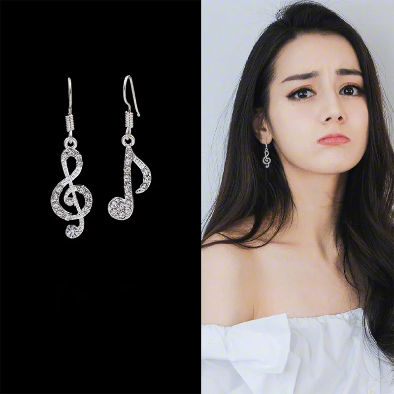 Asymmetric Personality Trendy Music Notes Ear Hook Crystal Silver Color Rhinestone Earring  Women Accessory Lady Dangle Earrings