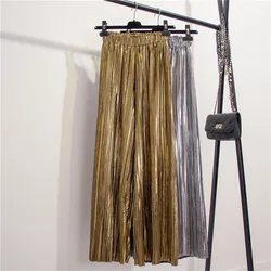 Gowyimmes Big Size Women Metal Sense Pants Casual Wide Leg Pant Harajuku Gold Pleated Trousers Female Ankle-Length Pants PD136