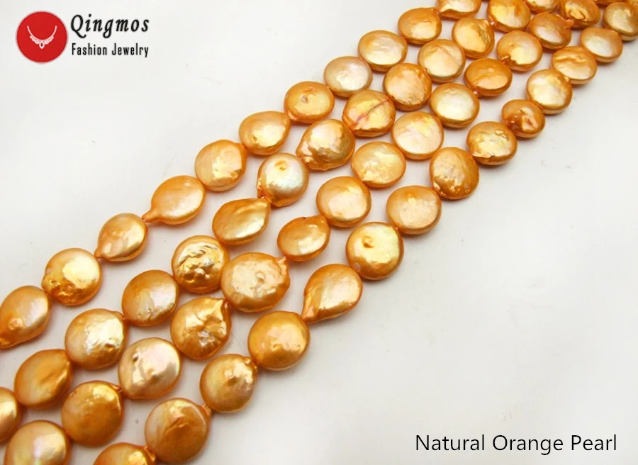 Qingmos Natural 13-mm Coin Round Orange Freshwater Pearl Loose Beads for Jewelry Making DIY Necklace Bracelet Earring 14