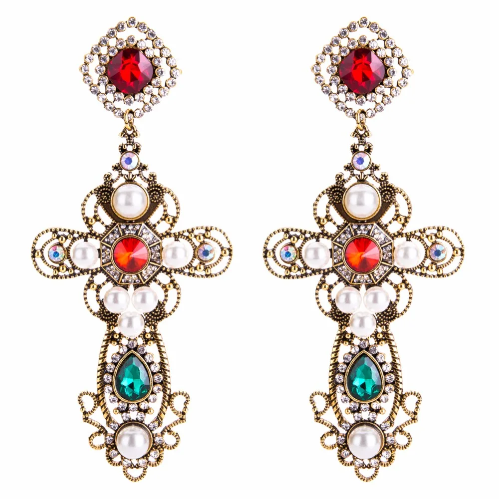 Vintage Baroque Style Inmitation Pearls Big Cross Dangle Earrings for Women Jewelry Hot Sale Classic Statement Accessories