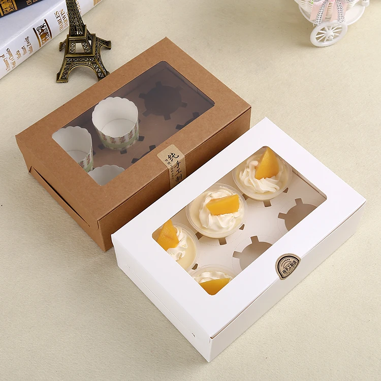 

50pcs White Cupcake Muffin Cake Boxes Kraft paper cake packaging box Muffin Fairy Cake Boxes with Window 6 grain 24x15.5x7.5cm