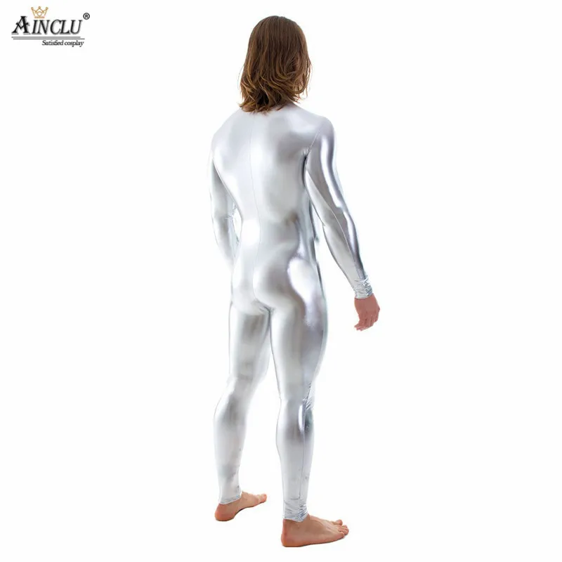 Mallas metálicas brillantes de látex Zentai para hombre, Body negro, dorado, plateado, cremallera frontal, Spandex, manga larga, traje de cuerpo completo