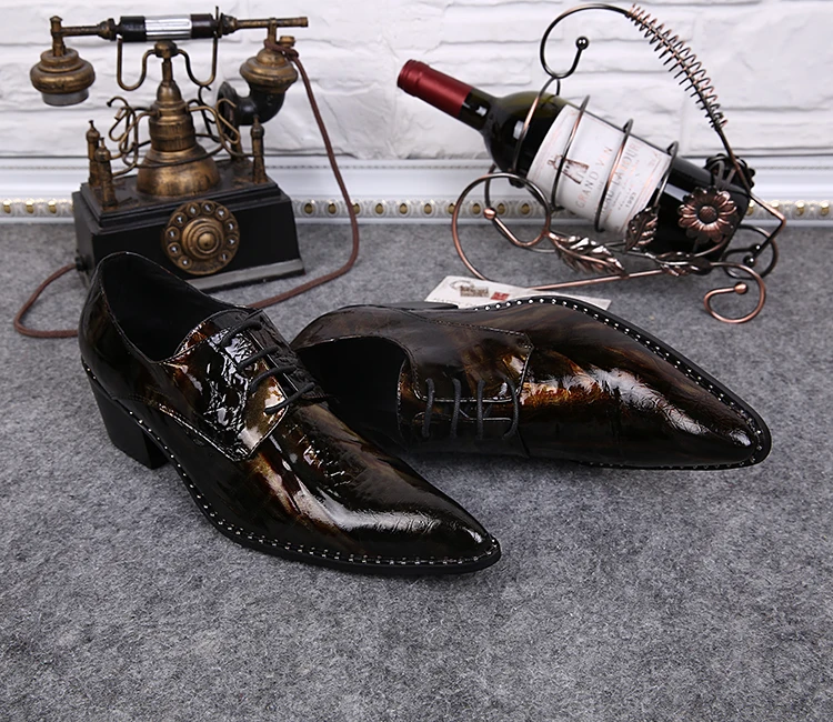 

Designer mens patent leather black shoes high heels lace up oxford shoes for men pointed toe dress shoes large sizes