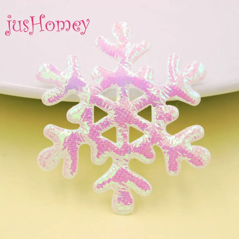 50pcs/lot 63mm Double Sided Iridescent Fabric Snowflake Appliques Padded Patches for Christmas Tree Ornaments,Winter Party Decor