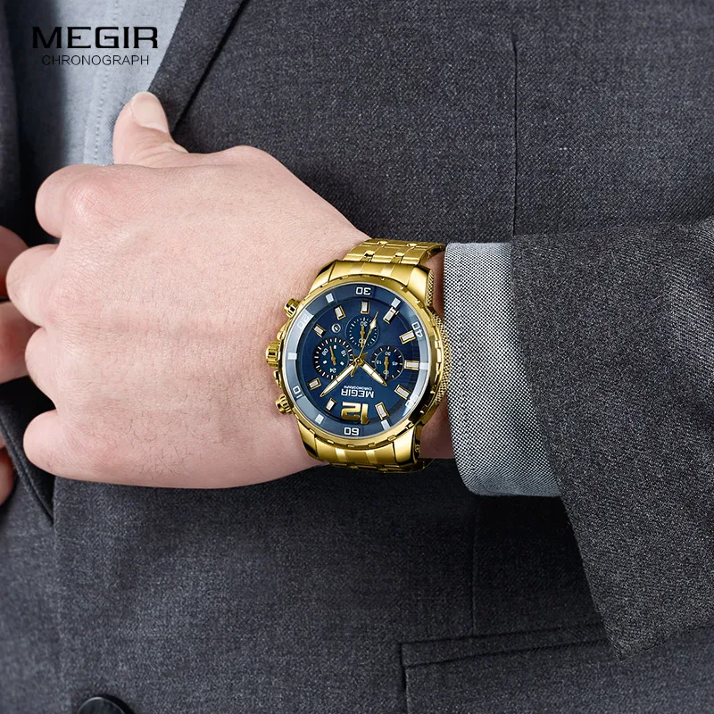 Megir Men\'s Gold Stainless Steel Quartz Watches Business Chronograph Analgue Wristwatch for Man Waterproof Luminous 2068GGD-2N3