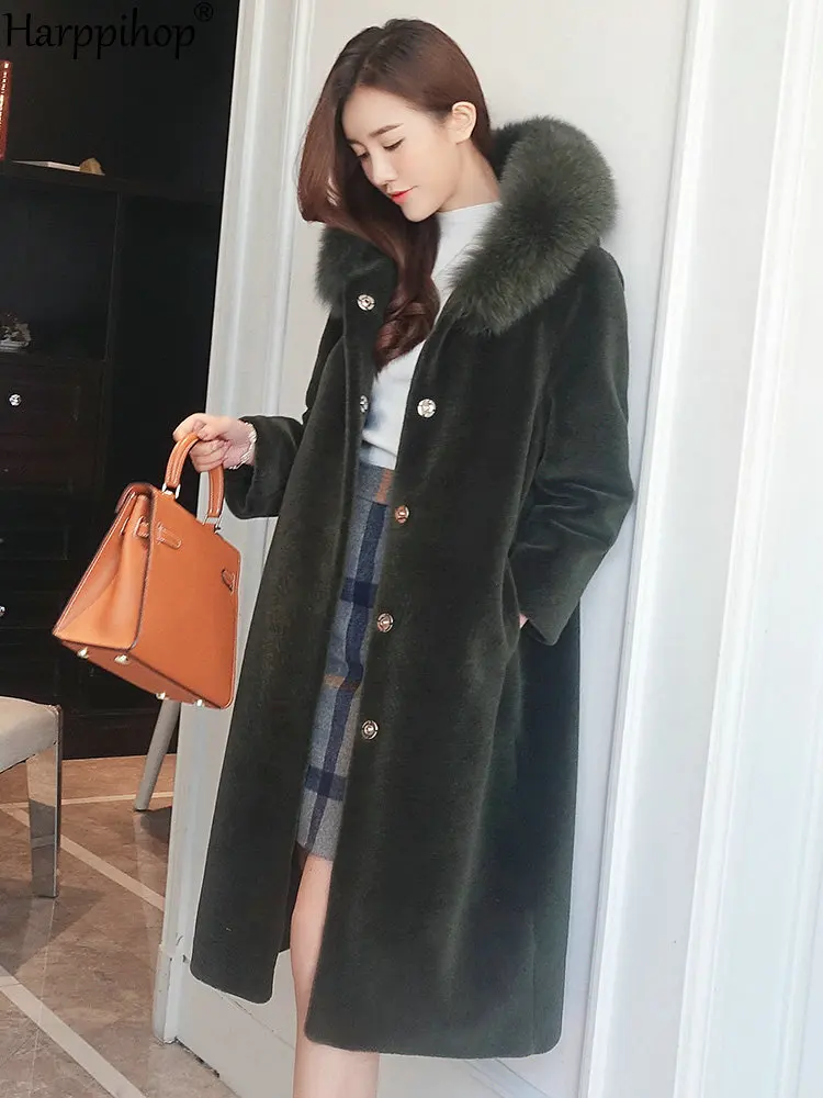 2019 new large size thick sheep shearing fur coat female long section fox fur hooded wool coat 8xl