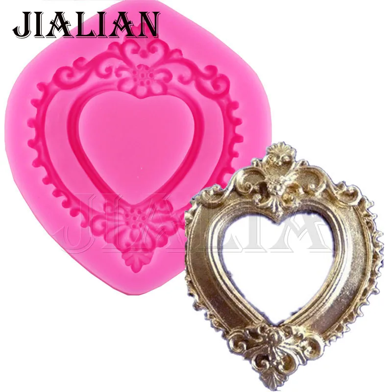 Hot Vintage Love Heart Shape Mirror Frame 3D Silicone Mold Fondant Chocolate Molds Cake Decorating Tools  T0730