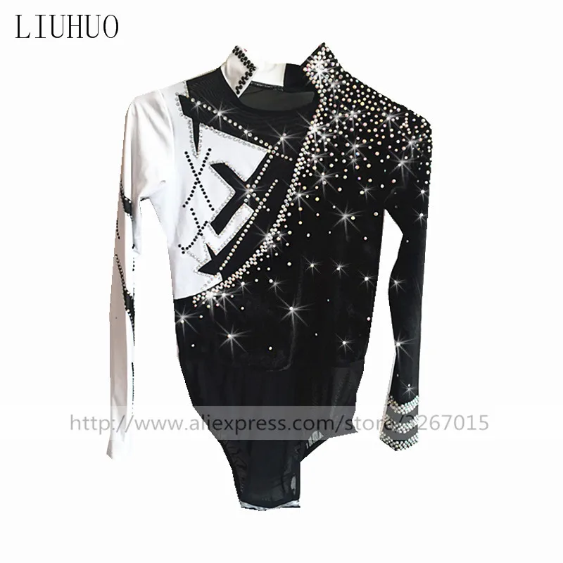 LUHUO Boys Men Ice Figure Skating Costumes Tops Show Collar Long Sleeve Black White Gymnastics Competition Dance Leotard Teens