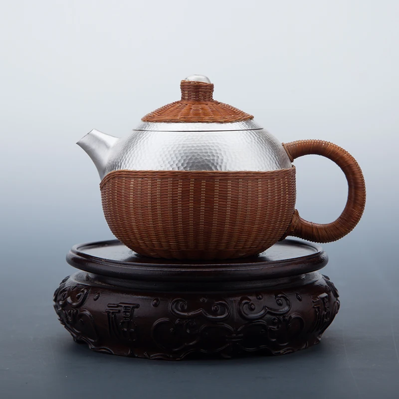 New Pure Silver Teapot Bamboo Knitted Insulation 999 Silver Teapot Tea Ceremony Large Capacity Home Pure Silver Tea Set