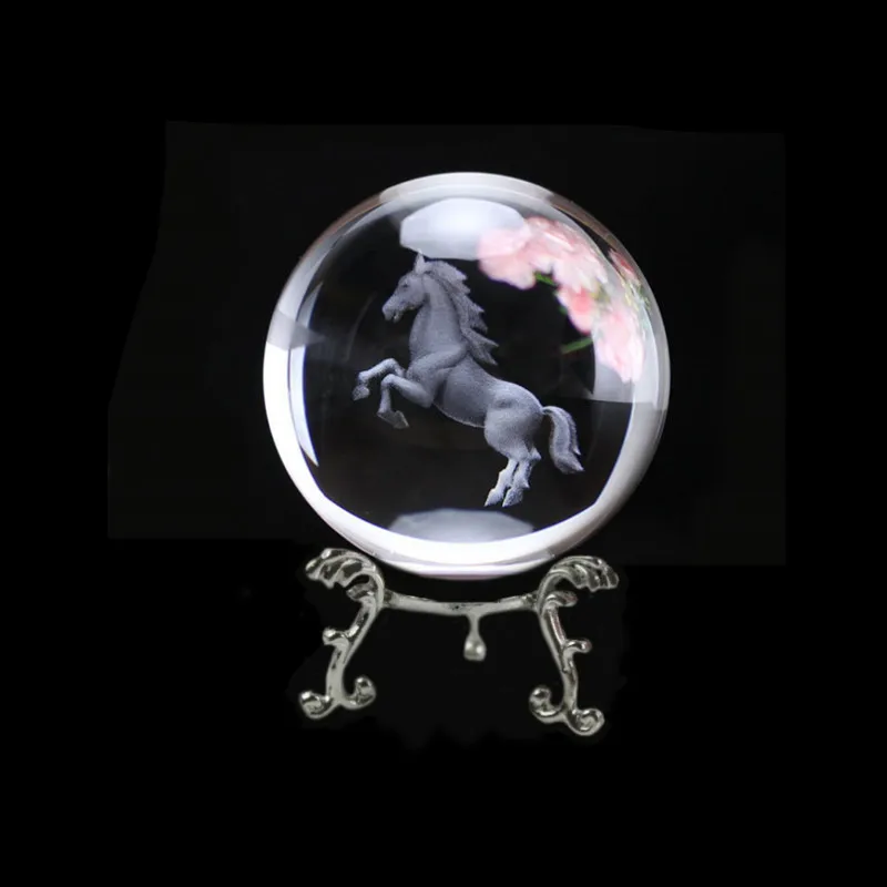 3D Laser Etched Zodiac Horse Crystal Ball New Miniature Glass Ball Sphere Home Art Decoration Animal Figurines Globe Accessory