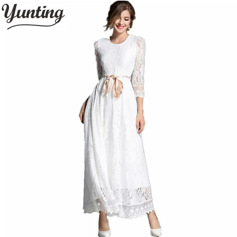 

Sexy Hollow Out White Lace Dress Women Spring High Waist Dress Elegant Christmas Maxi Long Dress Vestidos