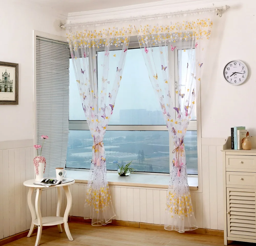 Butterflies Tulle Curtain Butterflies Branches Printed Curtains for windows living room Tulle woven floral cortinas hot sale