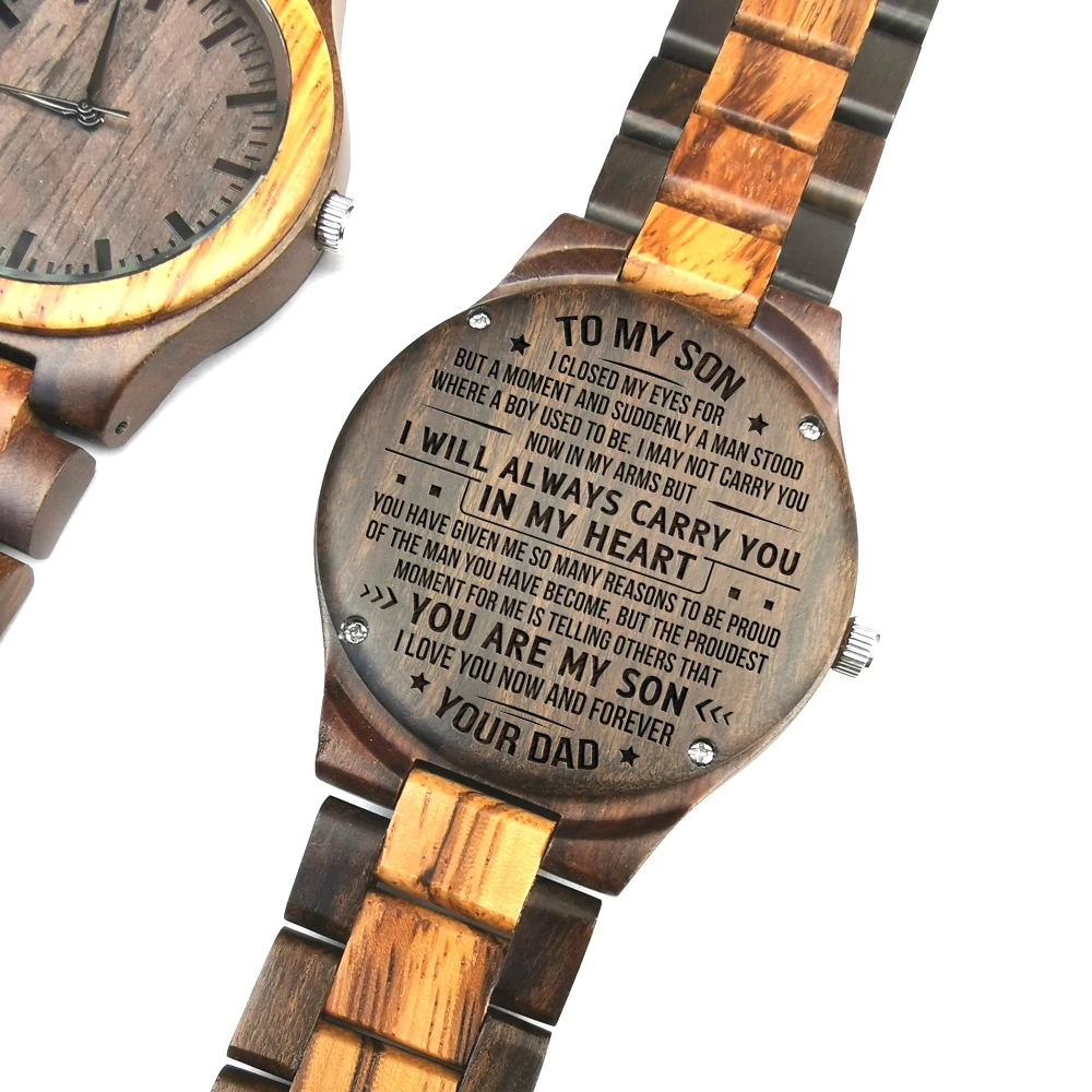 To My Son-I Will Always Carry You In My Heart From Dad Or Mum Engraved Wooden Watch Zebra Wooden Black Sandalwood Men's Gifts