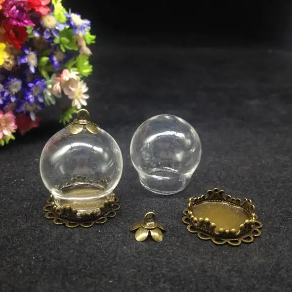 50pcs 20*15mm clear glass globe flower lace tray 8mm beads cap glass vial jars pendant glass cover dome necklace bottle diy gift