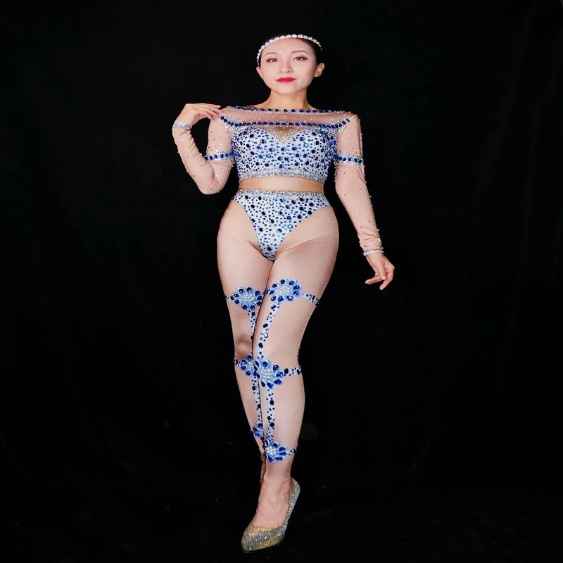 

Women New Sparkly Blue Shiny Rhinestone Sexy Jumpsuit Nightclub Female Singer Performance Celebrate Costume Stage Wear Jumpsuit