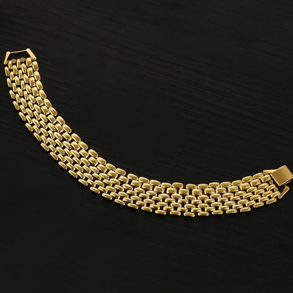 Wide Mesh Wrist Bracelet Chain Real 18k Gold Color Trendy Bracelet For Women Men 8.3\