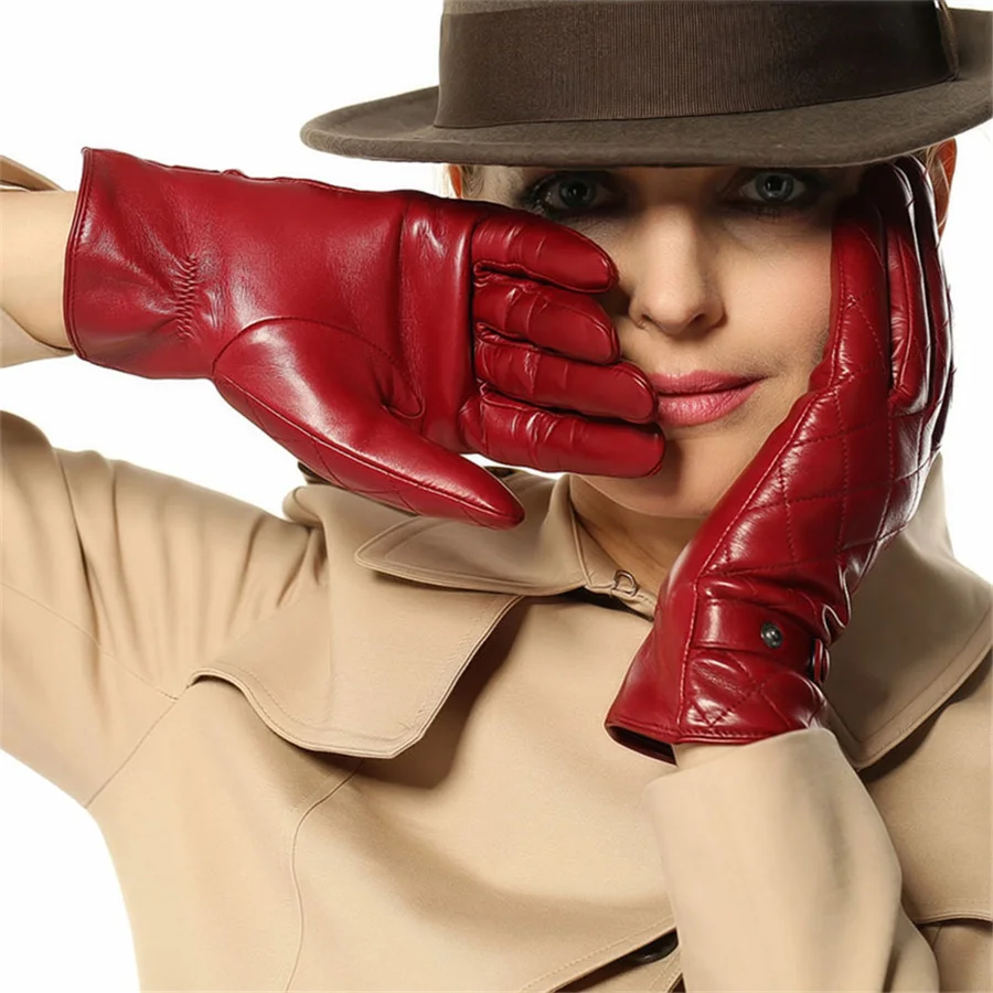 Women Genuine Leather Gloves For Women Winter Plus Velvet Diamond Female Goatskin Glove Top Fashion Driving Thermal L121NC