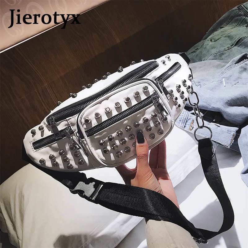 JIEROTYX Sexy Rivets Waist Packs Waist Bag Fanny Pack Purse Chest Fanny Pack Travel Cashier Belt Bag Women Hip-hop Rock Punk