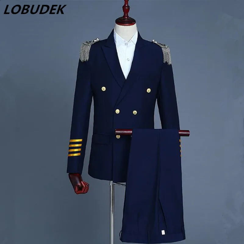 England style Double breasted male suit Tassels Epaulet uniforms Formal Men Suits Host stage costumes Singer performance outfits
