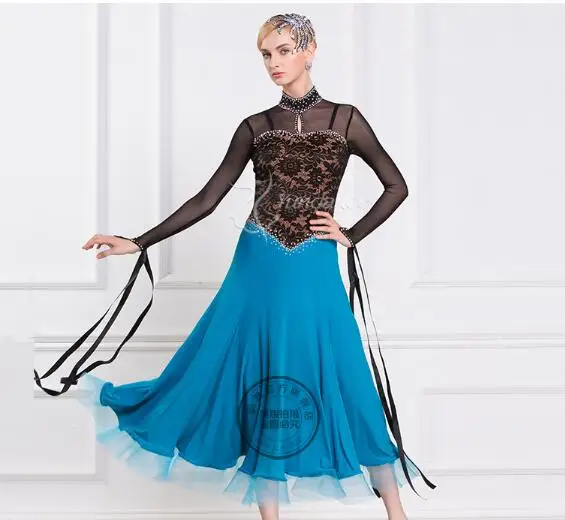 

customize elegant long sleeve black lace Puff long sleeve Fox trot Waltz tango standard ballroom dance dress