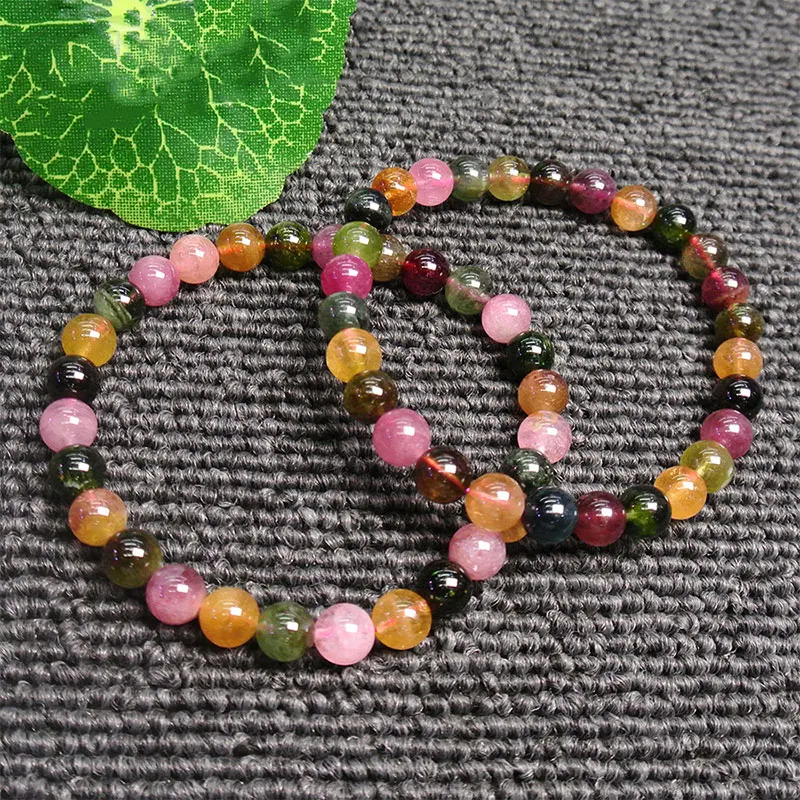 6mm/8mm Natural Round Pink Yellow Green Tourmaline Beads Bracelets For Women & Girl Gift Trinket Jewelry Beaded Accessories