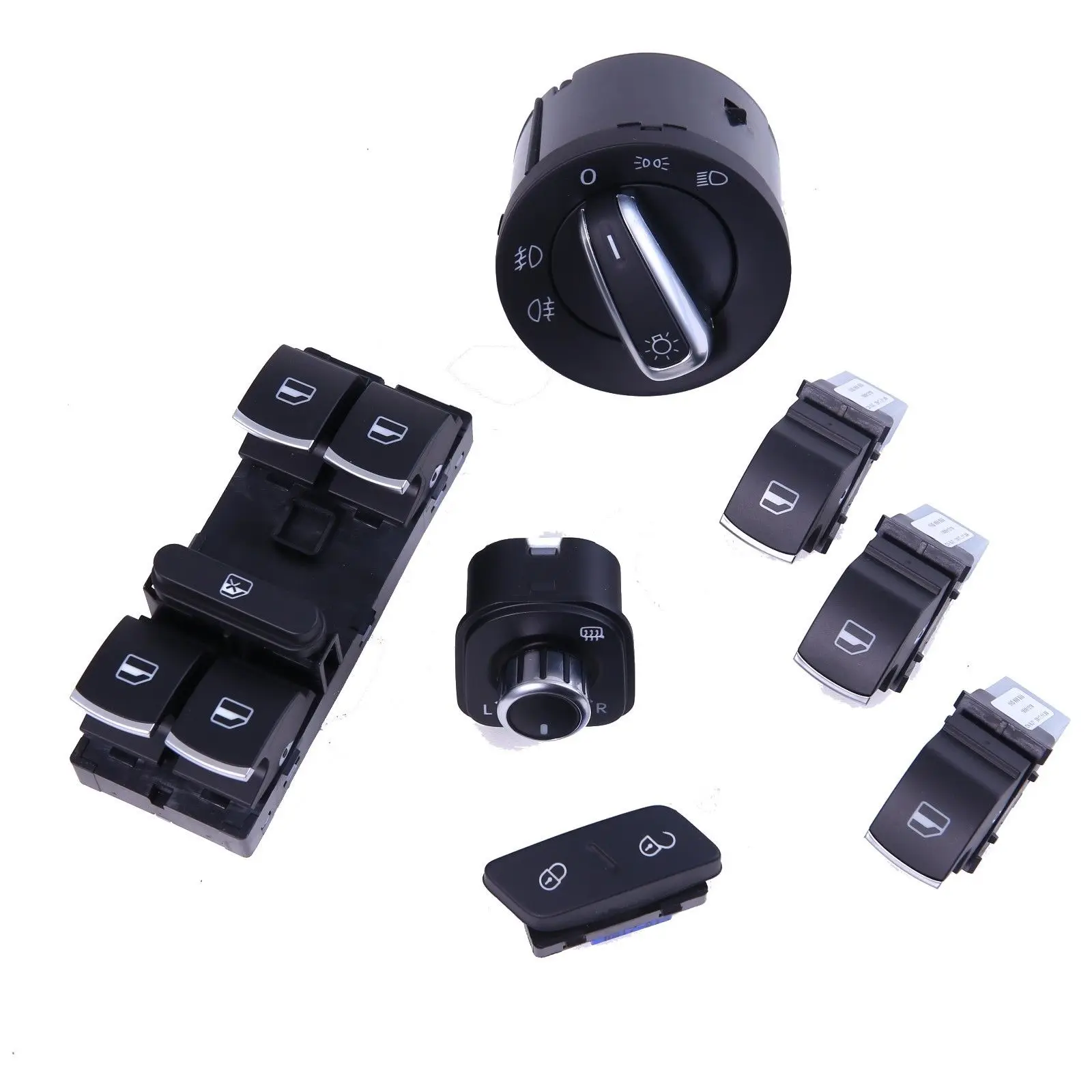 7Pcs Chrome Headlamp Window Mirror Switch Kit Fit For V W Jetta/Golf MK5 RABBIT Tiguan 3C8941431 1K0 962 125 5K0959855 5K4959857