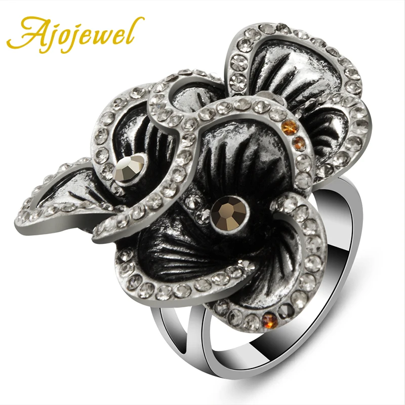 Ajojewel Big Black Flower Vintage Jewellery Rings Pave CZ Women\'s Beautiful Retro Gift Items