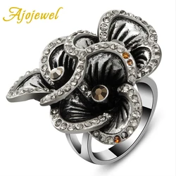 Ajojewel Big Black Flower Vintage Jewellery Rings Pave CZ Women's Beautiful Retro Gift Items