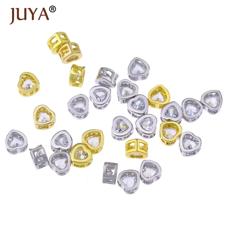 Juya 2pcs Luxury Zircon Crystal Round Heart Beads For Jewelry Making DIY Spacer Bead Bracelet Necklace Sieraden Maken Perles