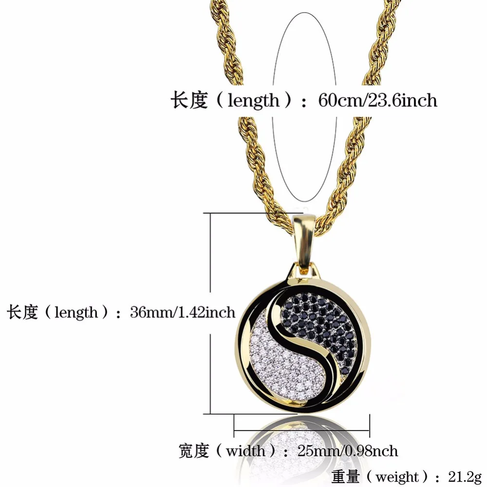 Yin Yang Tai Chi Pendants Necklaces for Men Gold Color Round Copper Paved CZ Crystal Ice Out Hip Hop Rapper Jewelry