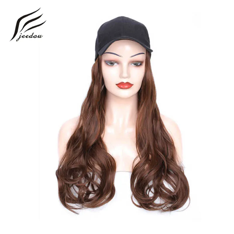 jeedou Synthetic Hair Wig With Baseball Cap Yaki Curly & Natural Wave Black Brown Mix Color Women Girl's Wigs Hairpieces