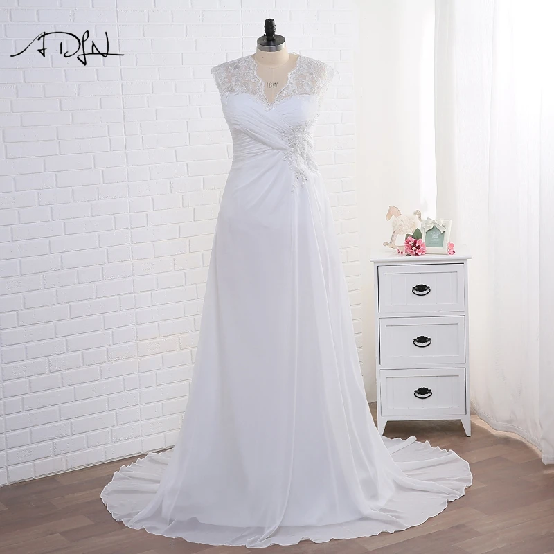 ADLN Stock Plus Size Wedding Dresses Elegant V-neck White/Ivory Applique Beaded Chiffon Beach Bridal Gown Vestidos de Novia