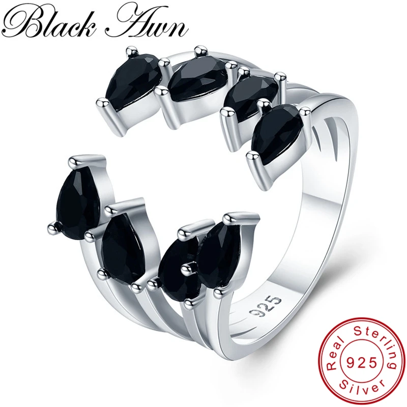 

[BLACK AWN] Real 925 Sterling Silver Ring Black Spinel Elegant Open Wedding Rings for Women Sterling Silver Jewelry G043